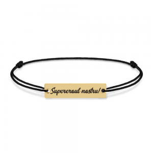 Bratara argint tablita 30 mm si snur negru - personalizata cu text - placat cu aur galben de 24 karate